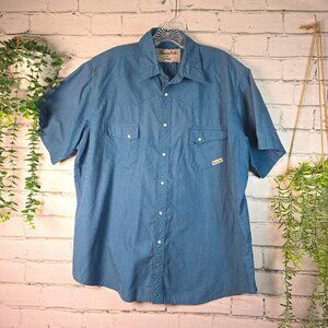WRANGLER MENS BUTTON DOWN SHIRT SHORT SLEEVE PEARL SNAPS BLUE ON BLUE STRIPE XL